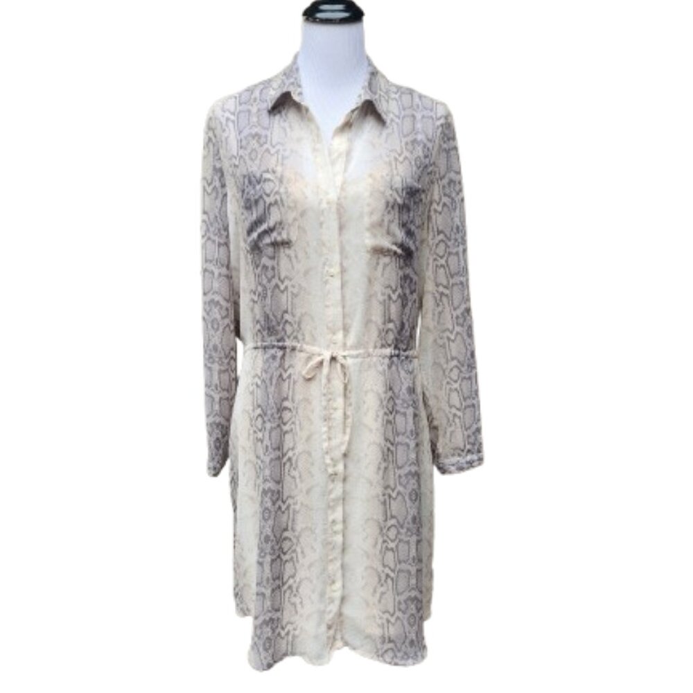 Old Navy Chiffon Snakeskin Print Dress Button-up Gray Cream Long Sleeves